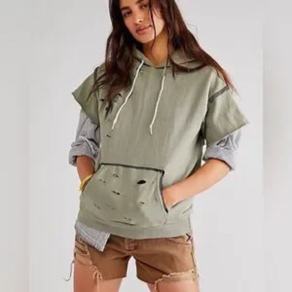Free People Tricia Fix Stitch Short Sleeve Pullover Hoodie Size S Green